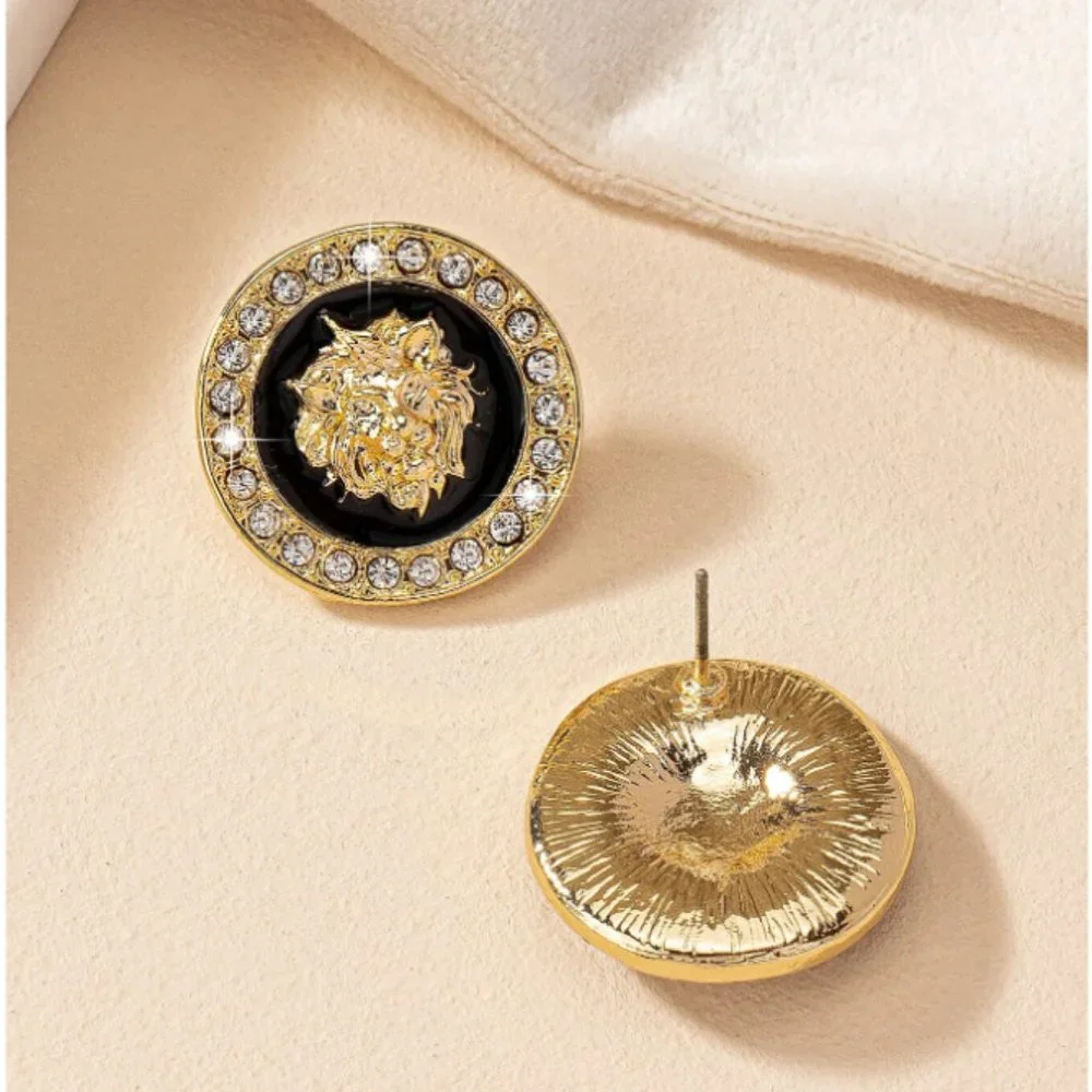 NWT Gold & Black Lion Head Rhinestone Chain Link Choker Necklace & Earrings Set - Picture 4 of 6